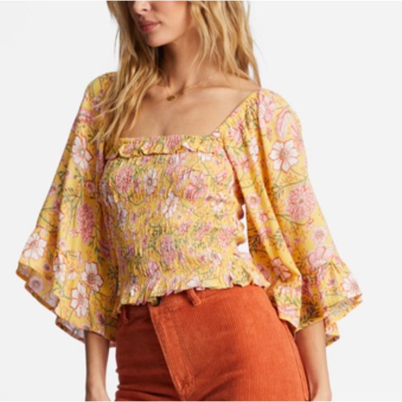 Billabong Tops - BILLABONG Be My Babe Crop Top Sz L Yellow Floral Bell Sleeve Square Neck Viscose